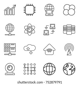 thin line icon set : diagram, chip, notebook globe, atom core, connect, server, cloude service, wireless home, antenna, web cam