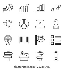 thin line icon set : diagram, graph, chip, notebook, crystall memory, antenna, bar code, store signboard, list, singlepost, reception, signpost, do not distrub