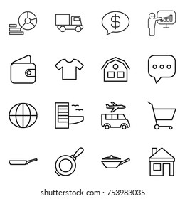 thin line icon set : diagram, truck, money message, presentation, wallet, t shirt, house, sms, globe, hotel, transfer, cart, pan