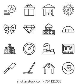 thin line icon set : diagram, gift, warehouse, sun power, bow, diamond, cottage, hangare, hotel, barometer, water tap, tv, chef knife, rake, barn, ecology