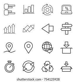 thin line icon set : diagram, graph, around gear, notebook, up, down arrow, left, singlepost, geo pin, delivery, package, stopwatch, reload, recycling