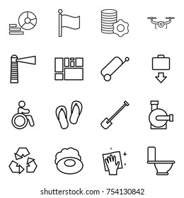 thin line icon set : diagram, flag, virtual mining, drone, lighthouse, consolidated cargo, suitcase, baggage get, invalid, flip flops, shovel, water pump, recycling, soap, wiping, toilet