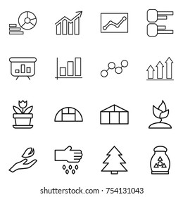 thin line icon set : diagram, statistics, presentation, graph, up, flower, greenhouse, sprouting, hand leaf, sow, spruce, fertilizer
