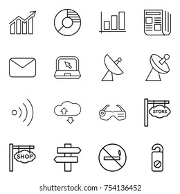 thin line icon set : diagram, circle, graph, newspaper, mail, notebook, satellite antenna, wireless, cloude service, smart glasses, store signboard, shop, singlepost, no smoking, do not distrub