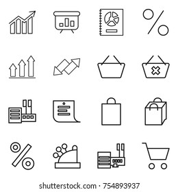 thin line icon set : diagram, presentation, annual report, percent, graph up, down arrow, basket, delete cart, store, shopping list, bag, cashbox, mall