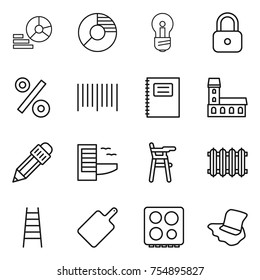 thin line icon set : diagram, circle, bulb, lock, percent, bar code, copybook, mansion, pencil, hotel, Chair for babies, radiator, stairs, cutting board, hob, floor washing