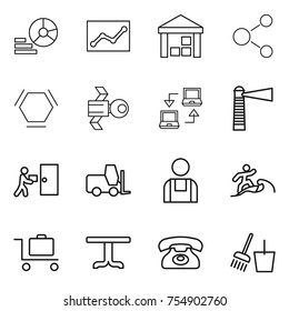 thin line icon set : diagram, statistics, warehouse, molecule, hex, satellite, notebook connect, lighthouse, courier delivery, fork loader, workman, surfer, baggage trolley, table, phone