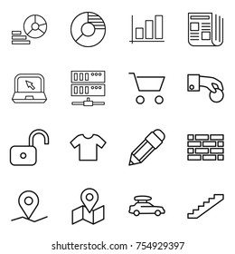 thin line icon set : diagram, circle, graph, newspaper, notebook, server, cart, hand coin, unlock, t shirt, pencil, brick wall, geo pin, map, car baggage, stairs