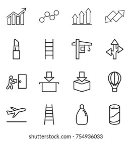 thin line icon set : diagram, graph, up, down arrow, lipstick, stairs, tower crane, route, courier delivery, package, air ballon, departure, cleanser, powder