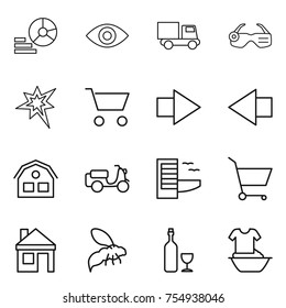 thin line icon set : diagram, eye, truck, smart glasses, bang, cart, right arrow, left, house, scooter shipping, hotel, wasp, wine, handle washing