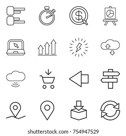 thin line icon set : diagram, stopwatch, dollar arrow, presentation, notebook, graph up, lightning, cloude service, cloud wireless, add to cart, left, singlepost, geo pin, package, reload
