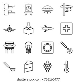 Thin line icon set : diagram, presentation, ufo, tower crane, plane, package, first aid, antique column, bulb, ring button, skimmer, ladle, cake, grape, thermometer