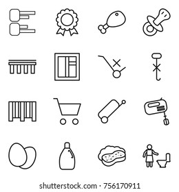 Thin line icon set : diagram, medal, chicken leg, nipple, bridge, window, do not trolley sign, hook, bar code, cart, suitcase, mixer, eggs, cleanser, sponge with foam, toilet cleaning