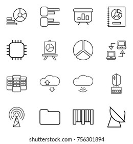 Thin line icon set : diagram, presentation, annual report, chip, notebook connect, server, cloude service, cloud wireless, crystall memory, antenna, documents, bar code, satellite