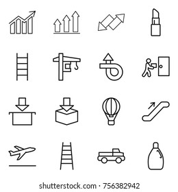 Thin line icon set : diagram, graph up, down arrow, lipstick, stairs, tower crane, trip, courier delivery, package, air ballon, escalator, departure, pickup, cleanser