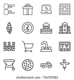 thin line icon set : diagram, gift, notebook, cpu, spark plug, info, cottage, building, palace, cart, water tap, tv, bbq, cookies, pickup, scarecrow