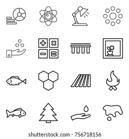 Thin line icon set : diagram, atom, table lamp, round around, chemical industry, calculator, bridge, flower in window, fish, honeycombs, field, fire, spruce, hand and drop, spot
