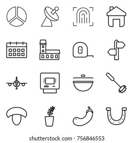 Thin line icon set : diagram, satellite antenna, fingerprint, home, calendar, mansion, measuring tape, signpost, plane, atm, cauldron, whisk, mushroom, seedling, eggplant, horseshoe