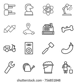 Thin line icon set : diagram, chess horse, atom, table lamp, up down arrow, car pointer, cashbox, bone, scooter shipping, speaker, meat hammer, eggplant, wrench, watering can, foam bucket