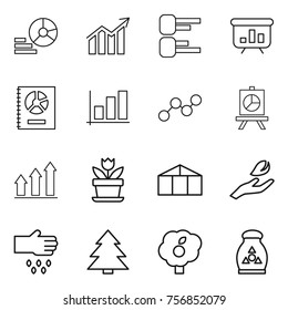 Thin line icon set : diagram, presentation, annual report, graph, up, flower, greenhouse, hand leaf, sow, spruce, garden, fertilizer