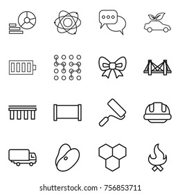 Thin line icon set : diagram, atom, discussion, eco car, battery, chip, bow, bridge, fence, repair, building helmet, shipping, beans, honeycombs, fire