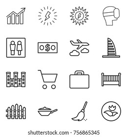 Thin line icon set : diagram, lightning, sun power, virtual mask, wc, money, journey, skyscraper, palace, cart, suitcase, crib, fence, pan, broom, ecology