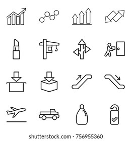 Thin line icon set : diagram, graph, up, down arrow, lipstick, tower crane, route, courier delivery, package, escalator, departure, pickup, cleanser, please clean