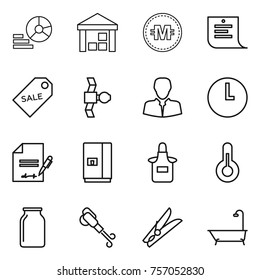 Thin line icon set : diagram, warehouse, crypto currency, shopping list, sale label, satellite, client, clock, inventory, fridge, apron, thermometer, bank, blower, clothespin, bath