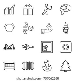 Thin line icon set : diagram, gift, courier, brain, hex molecule, satellite, chemical industry, spark plug, bridge, plane, flower in window, ring button, crib, radiator, fire, spruce