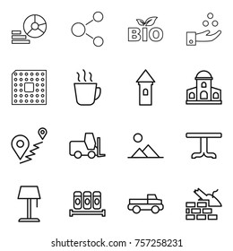 Thin line icon set : diagram, molecule, bio, chemical industry, cpu, hot drink, tower, mansion, route, fork loader, landscape, table, floor lamp, spices, pickup, construct garbage