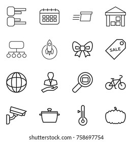 Thin line icon set : diagram, calendar, delivery, warehouse, structure, rocket, bow, sale label, globe, client, cargo search, bike, surveillance camera, pan, thermometer, pumpkin