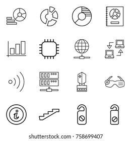 Thin line icon set : diagram, circle, annual report, graph, chip, globe connect, notebook, wireless, server, crystall memory, smart glasses, info, stairs, do not distrub