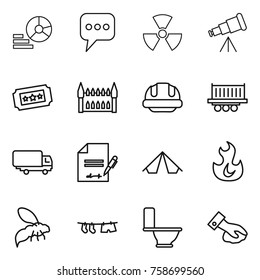Thin line icon set : diagram, message, nuclear, telescope, ticket, gothic architecture, building helmet, truck shipping, inventory, tent, fire, wasp, drying clothe, toilet, wiping