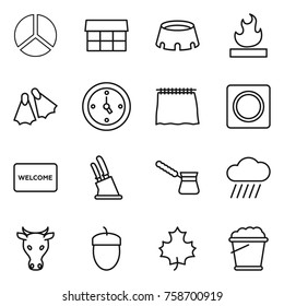 Thin line icon set : diagram, market, stadium, flammable, flippers, watch, curtain, ring button, welcome mat, knife holder, turk, rain cloud, cow, acorn, maple leaf, foam bucket