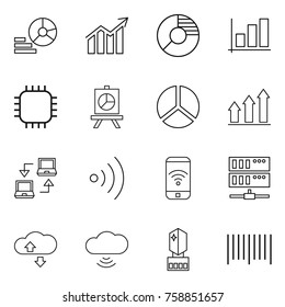 Thin line icon set : diagram, circle, graph, chip, presentation, up, notebook connect, wireless, phone, server, cloude service, cloud, crystall memory, bar code