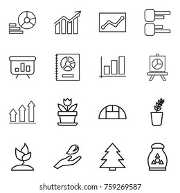 Thin line icon set : diagram, statistics, presentation, annual report, graph, up, flower, greenhouse, seedling, sprouting, hand leaf, spruce, fertilizer