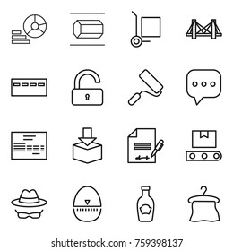 Thin line icon set : diagram, nano tube, cargo stoller, bridge, bunker, unlock, repair, sms, invoice, package, inventory, transporter tape, confidential, egg timer, ketchup, hanger