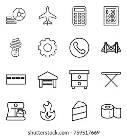 Thin line icon set : diagram, plane, calculator, abacus, bulb, gear, phone, bridge, bunker, garage, nightstand, iron board, coffee maker, fire, cake, toilet paper