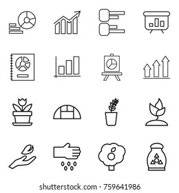 Thin line icon set : diagram, presentation, annual report, graph, up, flower, greenhouse, seedling, sprouting, hand leaf, sow, garden, fertilizer