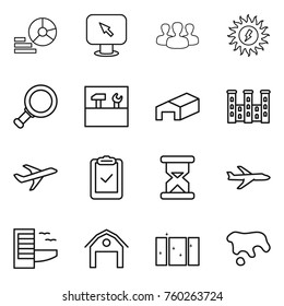 Thin line icon set : diagram, monitor arrow, group, sun power, magnifier, tools, warehouse, palace, plane, clipboard check, sand clock, hotel, barn, clean window, spot
