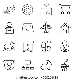 Thin line icon set : diagram, around gear, tap to pay, cart, workman, heavy, airplane, bungalow, dog, nightstand, slippers, fire, pig, hierarchy, rabbit, vacuum cleaner