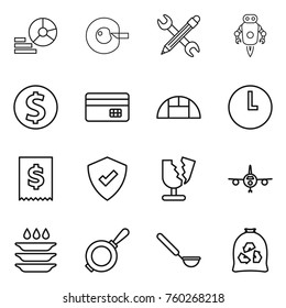 Thin line icon set : diagram, cell corection, pencil wrench, jet robot, dollar coin, credit card, greenhouse, clock, tax, protected, broken, plane, plate washing, pan, ladle, garbage bag
