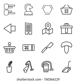 Thin line icon set : diagram, chess horse, hex molecule, delete cart, left arrow, skyscraper, map, hi quality package, basket, ticket, chef knife, mushroom, seedling, vacuum cleaner, scoop