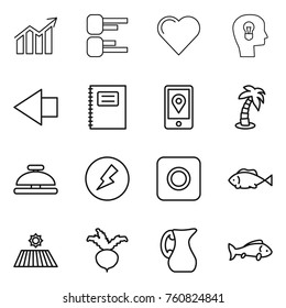 Thin line icon set : diagram, heart, bulb head, left arrow, copybook, mobile location, palm, service bell, electricity, ring button, fish, field, beet, jug