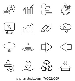 Thin line icon set : diagram, stopwatch, monitor arrow, graph up, down, cloude service, cloud wireless, target, right, left, trip, geo pin, recycling, package
