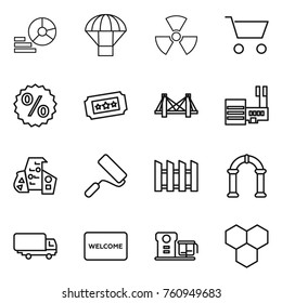 Thin line icon set : diagram, parachute, nuclear, cart, percent, ticket, bridge, mall, modern architecture, repair, fence, arch, shipping, welcome mat, food processor, honeycombs