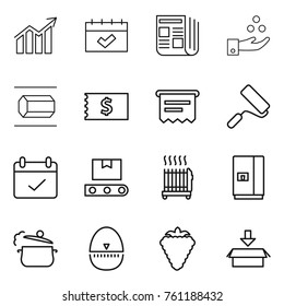 Thin line icon set : diagram, calendar, newspaper, chemical industry, nano tube, receipt, atm, repair, terms, transporter tape, radiator, fridge, steam pan, egg timer, berry, package