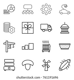 Thin line icon set : diagram, structure, round around, electric car, virtual mining, gift, delivery, goverment house, tower crane, sorting, radiator, colander, double boiler, mushroom, windmill, bug