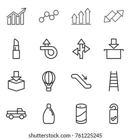 Thin line icon set : diagram, graph, up, down arrow, lipstick, trip, route, package, air ballon, escalator, stairs, pickup, cleanser, powder, please clean