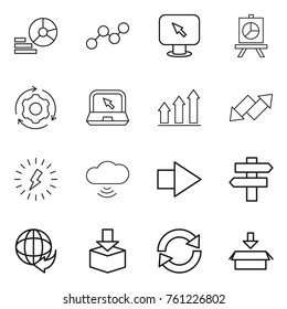 Thin line icon set : diagram, graph, monitor arrow, presentation, around gear, notebook, up, down, lightning, cloud wireless, right, singlepost, delivery, package, reload